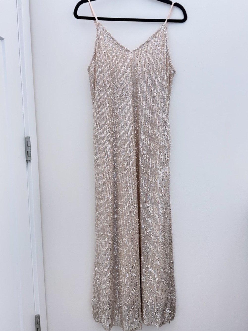 Style Rack Sequin Maxi Dress S Champagne Sheer Mesh Lined V Neck
